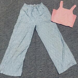 ZARA Pink Top and Light Blue Eyelet Pants Set